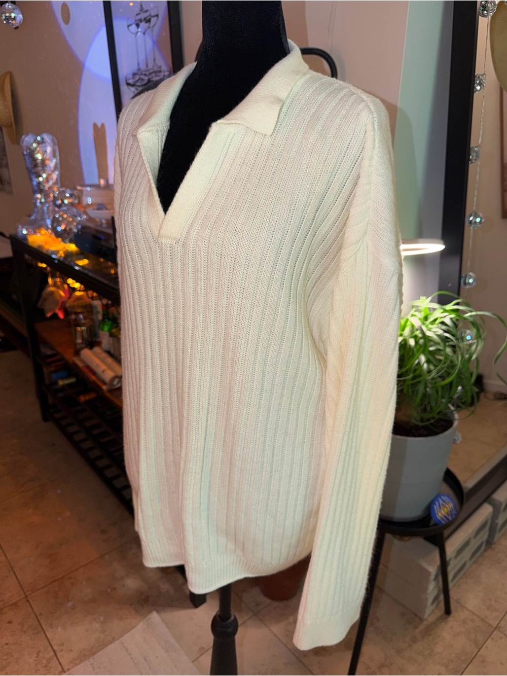 Imanimo Cream Ribbed V-Neck Collared Sweater Oversized - Picture 3 of 6